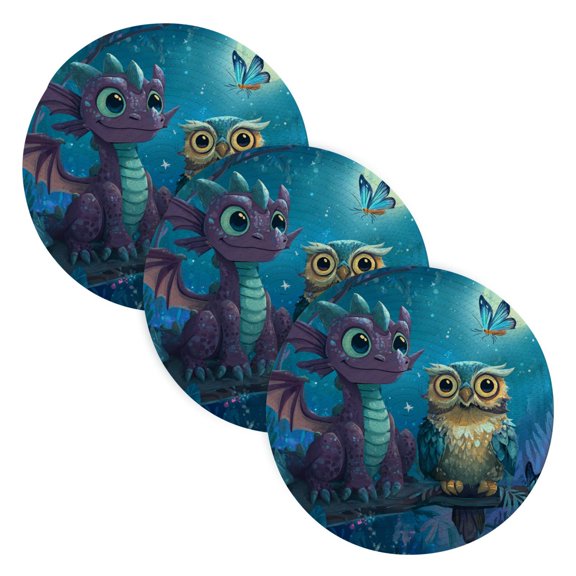 WOBOGO Cute Dragon Owl Coil Placemats 3pcs Resistant Hot Pads Mat for Table Counter Cooking Potholder 15in