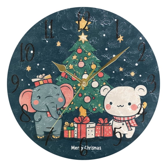 WOBOGO Cute Elephant and White Bear Wall Clock 10in Silent Mechanism Battery Operated Retro Style for Living Room Bedroom and Kitchen Gold Pointer
