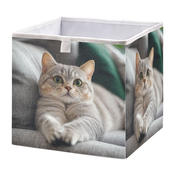 WOBOGO Cute English Shorthair Cat Storage Basket Foldable Easy to Clean Durable with Hollow Support Plate with Handle 15.75×10.63×6.96 in