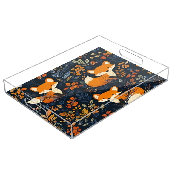 WOBOGO Cute Fox Pattern Acrylic Serving Trays 15.7x11.8 Inch Spill Proof Clear Decorative Organizer with Handle