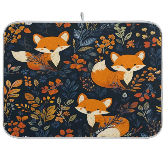 WOBOGO Cute Fox Pattern Kitchen Drying Mat Heat Resistant Drainage with Non-Slip Rubber Backing Hides Stains Super Absorbent Easy to Clean 16×18in