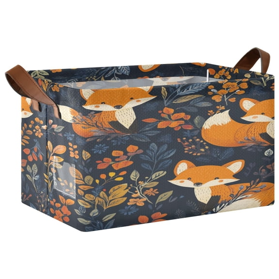 WOBOGO Cute Fox Pattern Storage Basket 16.9×11.4×10in Collapsible Oversized with Metal Iron Frame Set of 2