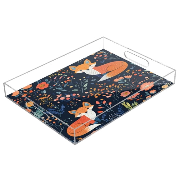 WOBOGO Cute Fox Patterns Acrylic Serving Trays 15.7x11.8 Inch Spill Proof Clear Decorative Organizer with Handle
