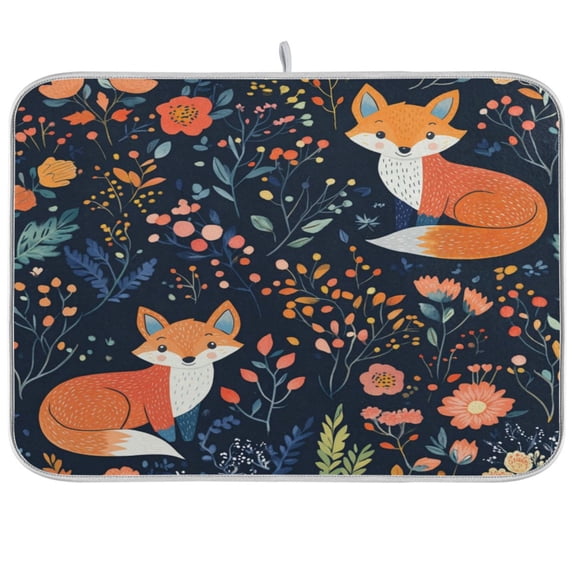 WOBOGO Cute Fox Patterns Kitchen Drying Mat Heat Resistant Drainage with Non-Slip Rubber Backing Hides Stains Super Absorbent Easy to Clean 16×18in