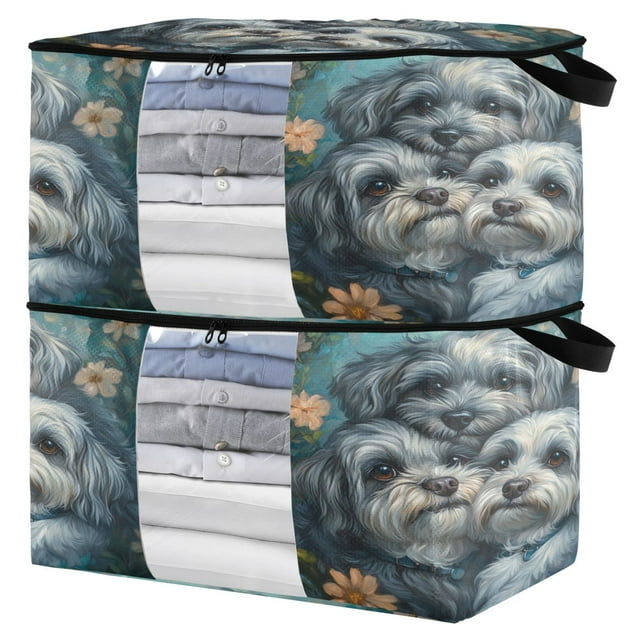 WOBOGO Cute Gray Lhasa Apso Dogs Clothes Storage 2Pack Foldable Thick Fabric Blanket Organizer Bag with Handle 21.65×13.78×12.4in