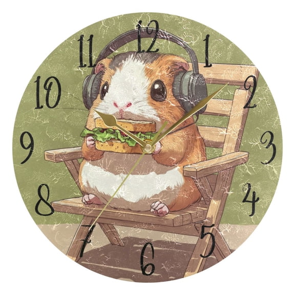 WOBOGO Cute Guinea Pig Eating A Sandwich Wall Clock 10in Silent Mechanism Battery Operated Retro Style for Living Room Bedroom and Kitchen Gold Pointer
