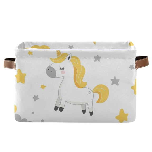 WOBOGO Cute Horse Square Storage Basket with Waterproof Canvas and PE Lining Durable PU Leather Handles 14.2×10.2×8.3in