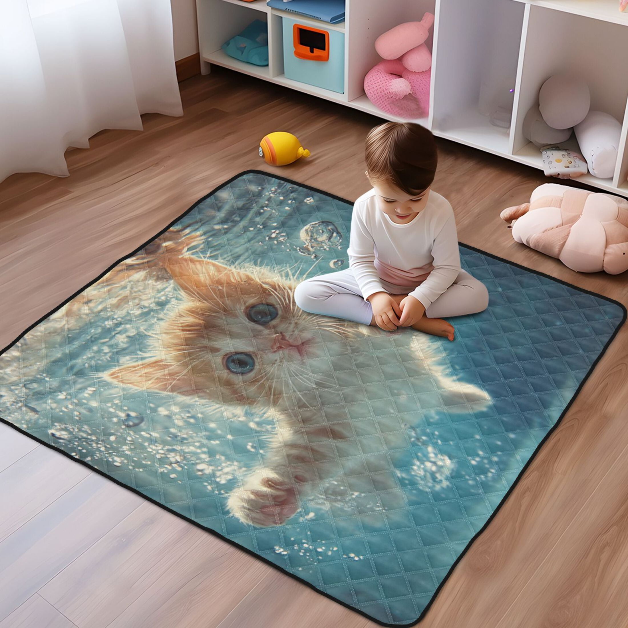 WOBOGO Cute Kitten Swim Underwater Baby Playmats Extra Large Waterproof Rollable Activity Pads for Toddlers 50×50inch