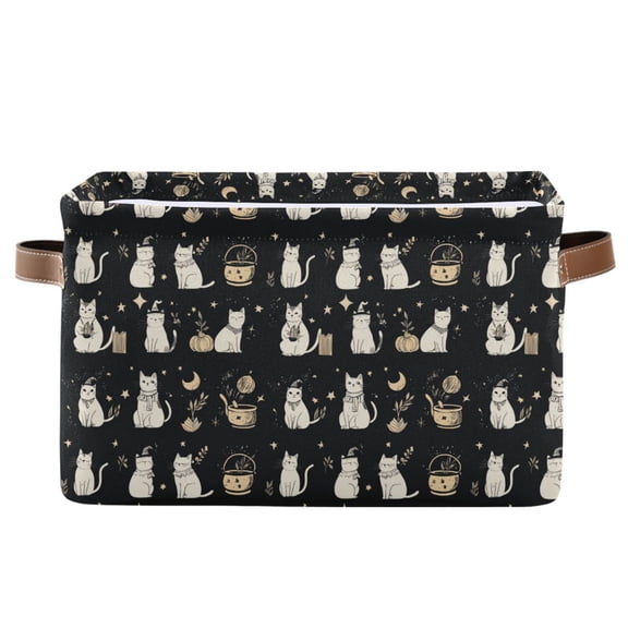 WOBOGO Cute Lazy Kitty Square Storage Basket with Waterproof Canvas and PE Lining Durable PU Leather Handles 14.2×10.2×8.3in
