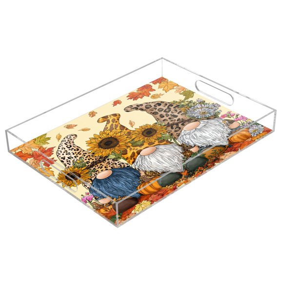 WOBOGO Cute Leopard Skin Gnomes Acrylic Serving Trays 15.7x11.8 Inch Spill Proof Clear Decorative Organizer with Handle