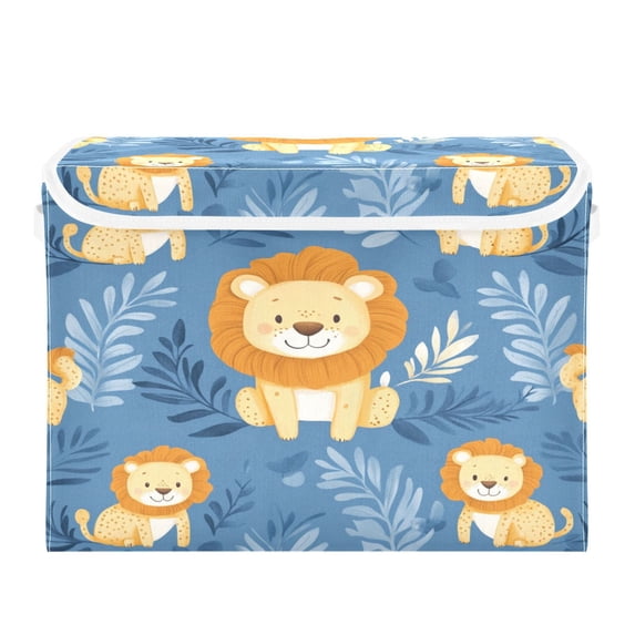 WOBOGO Cute Lion Large Collapsible Storage Box Flip Lid Fabric Decorative Organizer Container Basket with Handles 16.5×12.6×11.8in