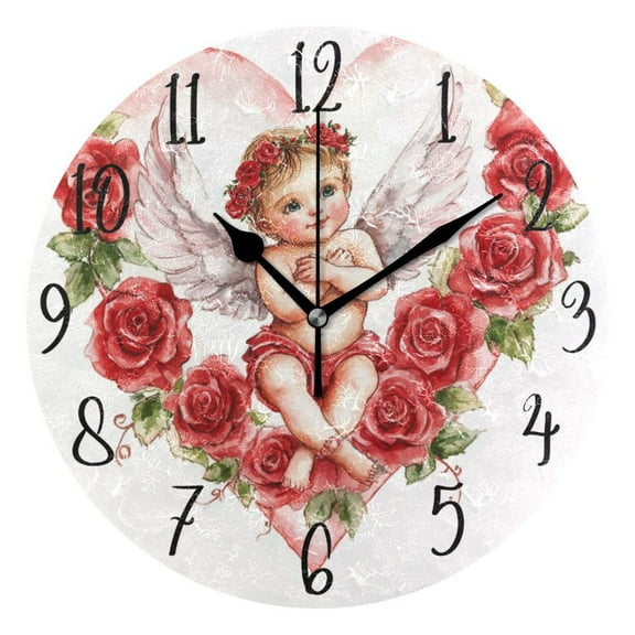 WOBOGO Cute Little Angel Cupid Pattern Wall Clock 10in Silent Mechanism Battery Operated Retro Style for Living Room Bedroom and Kitchen Black Pointer
