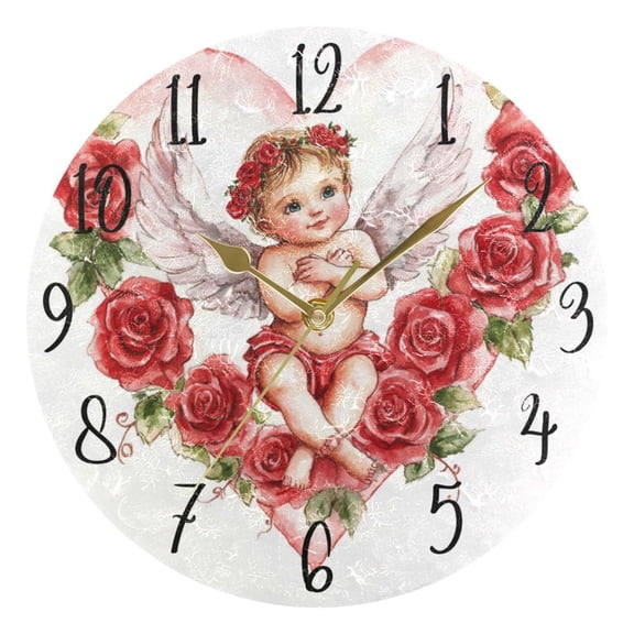 WOBOGO Cute Little Angel Cupid Pattern Wall Clock 10in Silent Mechanism Battery Operated Retro Style for Living Room Bedroom and Kitchen Gold Pointer