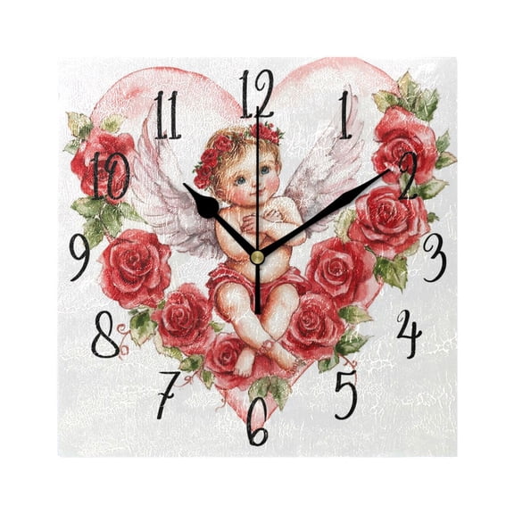 WOBOGO Cute Little Angel Cupid Pattern Wall Clock 7.78 Inch Battery Operated Silent Unit Square Rustic Vintage Style for Home Bedroom Office Black Pointer