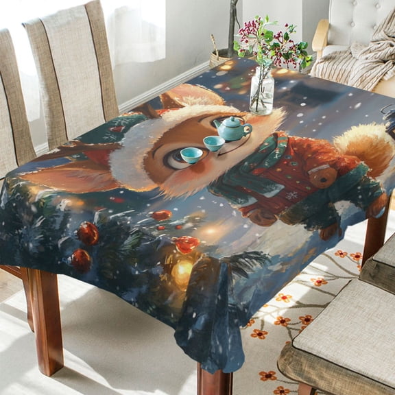 WOBOGO Cute Little Fox Wearing A Christmas Hat Square Tablecloth 54×54in Polyester Fabric Tablecloth Washable Dust Resistant Wrinkle Resistant