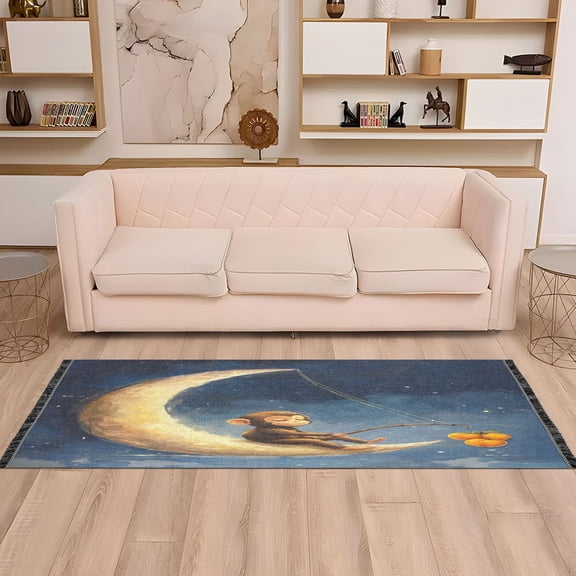 WOBOGO Cute Monkey Sitting on The Moon Bedside long rug delicate and soft modern indoor area decor non slip carpet for bed room corridor entrance balcony