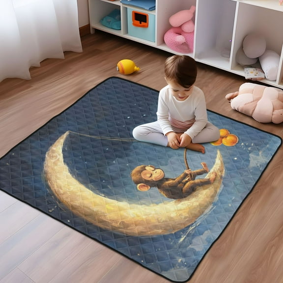 WOBOGO Cute Monkey Sitting on The Moon Baby Playmats Extra Large Waterproof Rollable Activity Pads for Toddlers 5050inch