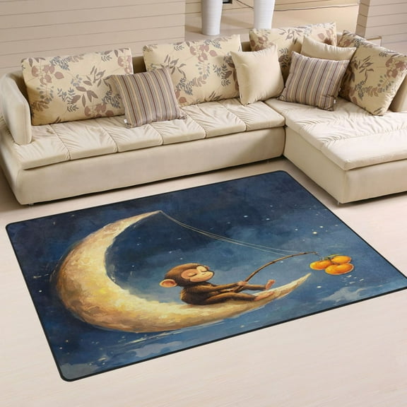 WOBOGO Cute Monkey Sitting on The Moon Carpet Non-Slip Rugs Soft Doormat 31×20in Living Dining Room Bedroom Decorative