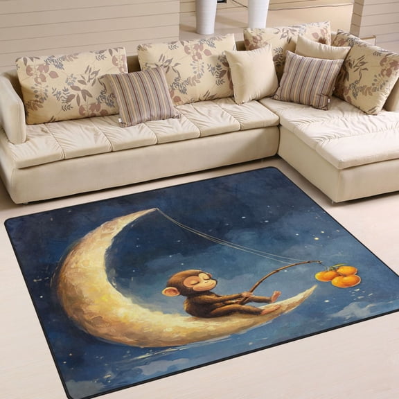 WOBOGO Cute Monkey Sitting on The Moon Carpet Non-Slip Rugs Soft Doormat 80×58in Living Dining Room Bedroom Decorative