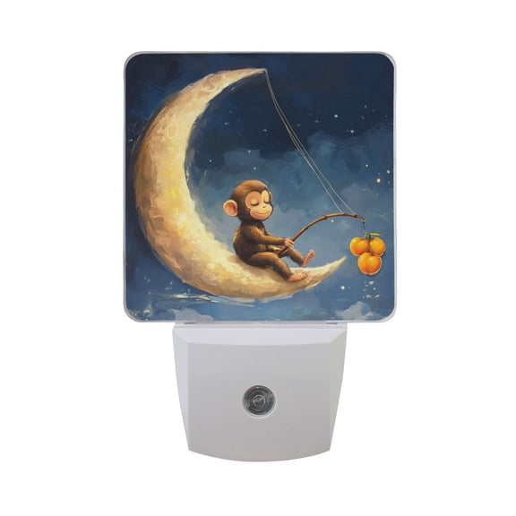 WOBOGO Cute Monkey Sitting on The Moon LED Night Light 2 Pcs Set 0.5 Watt Wall Plug in Dusk to Dawn Automatic Switch Soft White Light