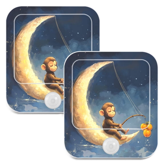 WOBOGO Cute Monkey Sitting on The Moon Night Light Lamp with Smart Sensor Dusk to Dawn Sensor 0.6W Plug-in 2-Pack