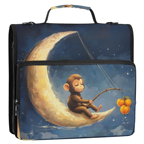 WOBOGO Cute Monkey Sitting on The Moon Ring Binder Bag 1.5in Folder Organizer with Shoulder Strap for 13Inch Laptop and 500 Sheets of Paper