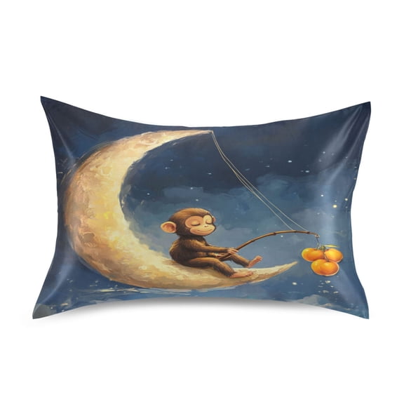 WOBOGO Cute Monkey Sitting on The Moon Satin Pillowcase Soft Smooth Envelope Design Comfortable Bedding Essentials 20×26in