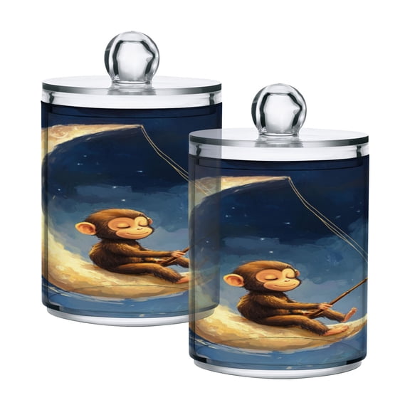 WOBOGO Cute Monkey Sitting on The Moon Transparent Plastic Jar 2pcs Cotton Swabs Balls Pads Floss Stick Dispenser Bathroom Vanity Storage Organizer
