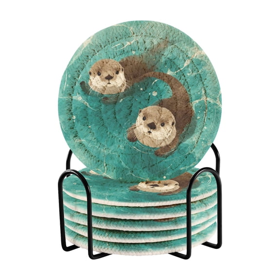 WOBOGO Cute Otter Coil Coasters Set of 6 Minimalist Cotton Woven 3.94 inch Non-Slip Insulated and Absorbent Home Accessories.