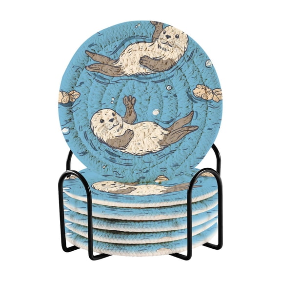 WOBOGO Cute Otter Pattern Coil Coasters Set of 6 Minimalist Cotton Woven 3.94 inch Non-Slip Insulated and Absorbent Home Accessories.