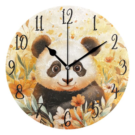 WOBOGO Cute Panda Surrounded by Flowers Wall Clock 10in Silent Mechanism Battery Operated Retro Style for Living Room Bedroom and Kitchen Black Pointer