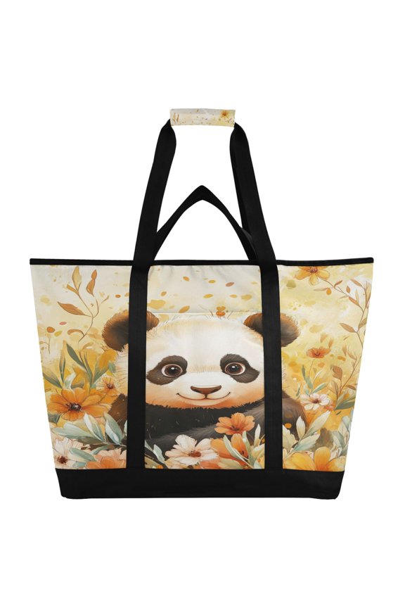 Cute Panda Surrounded by Flowers Tote Cooler Bag Fold Flat Insulated Shopping Bag With Zipper For Work Picnic Beach Use 186.724in