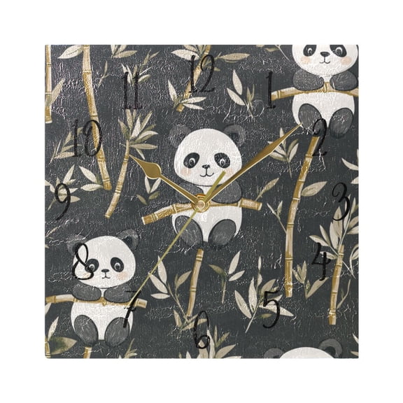 WOBOGO Cute Panda Wall Clock 7.78 Inch Battery Operated Silent Unit Square Rustic Vintage Style for Home Bedroom Office Gold Pointer