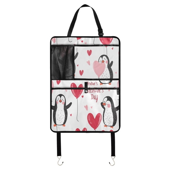 WOBOGO Cute Penguins Heart-shaped Balloons Pattern Backseat Car Organizer Footed Universal Car with Touch Screen Tablet Holder Rear Seat Protector