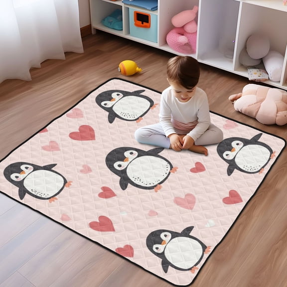 WOBOGO Cute Penguins Hearts Pattern Baby Playmats Extra Large Waterproof Rollable Activity Pads for Toddlers 5050inch