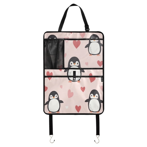 WOBOGO Cute Penguins Hearts Pattern Backseat Car Organizer Footed Universal Car with Touch Screen Tablet Holder Rear Seat Protector