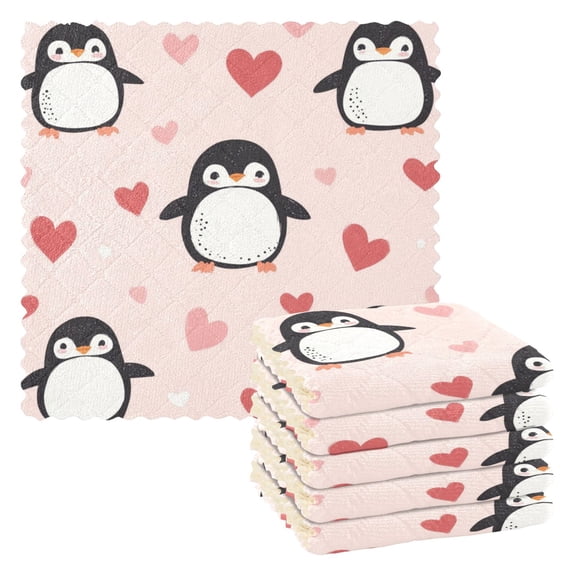WOBOGO Cute Penguins Hearts Pattern Kitchen Towels 6pcs Ultra Soft Absorbent Quick Drying Dish Cloths 1111inch