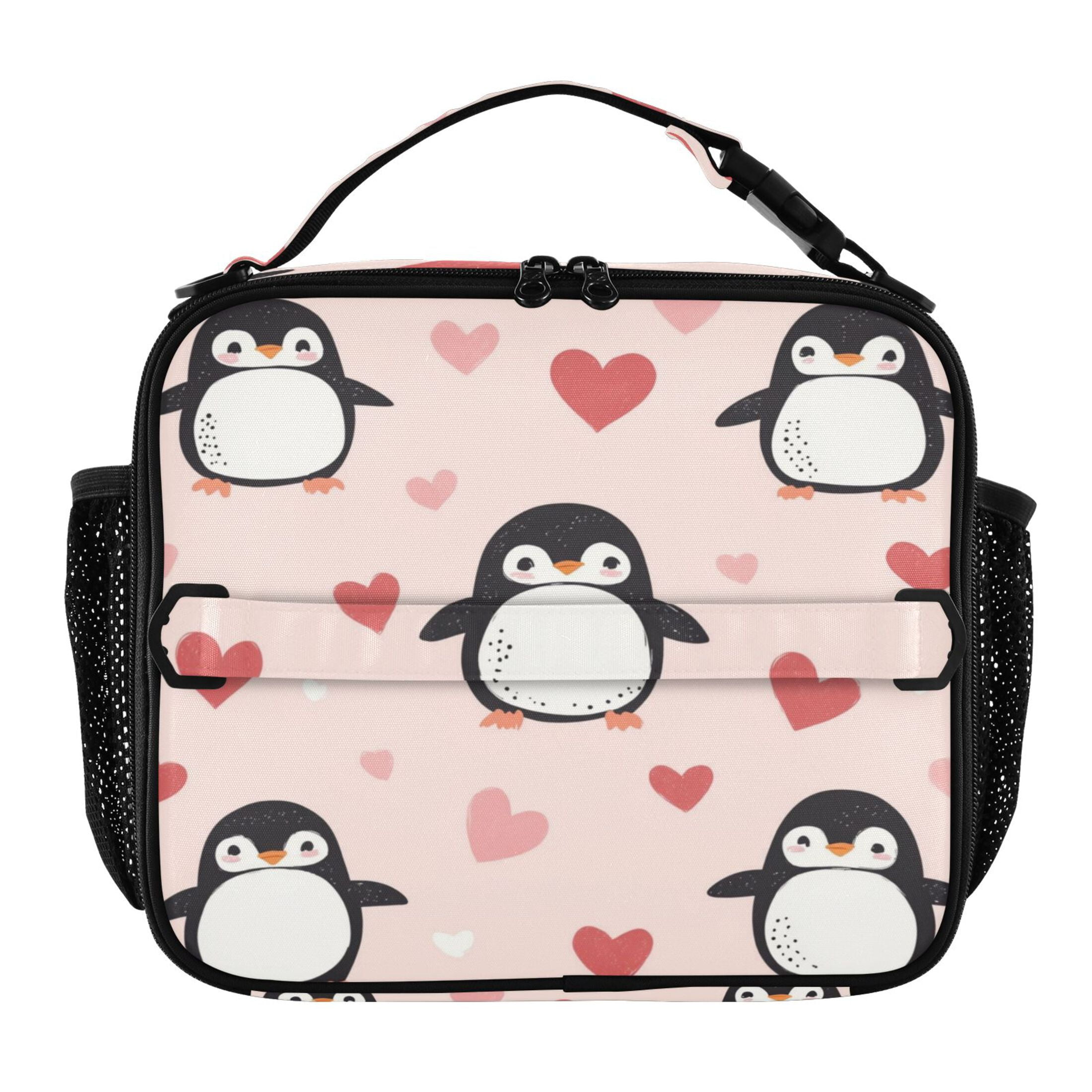 WOBOGO Cute Penguins Hearts Pattern Tote Lunch Bag High Quality Insulated Aluminium Film For Cold with Adjustable Shoulder Strap 11.2×9.8×3.5in