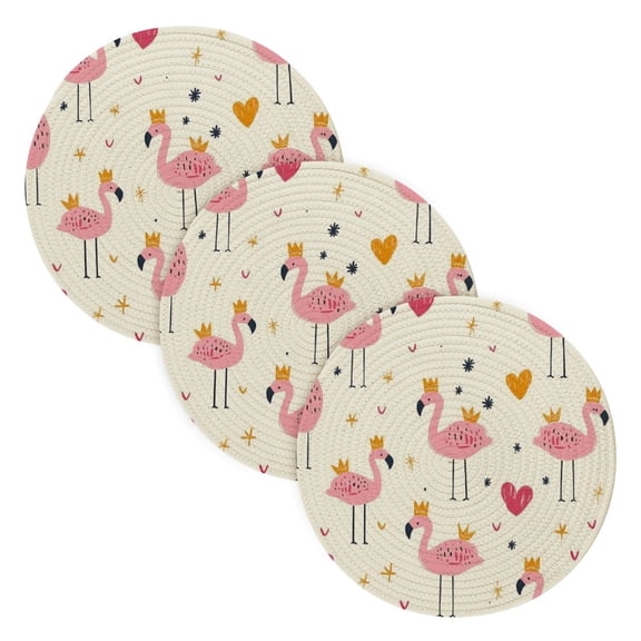 WOBOGO Cute Pink Flamingos Crowns Hearts Coil Placemats 3pcs Resistant Hot Pads Mat for Table Counter Cooking Potholder 15in