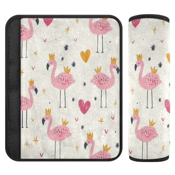 WOBOGO Cute Pink Flamingos Crowns Hearts Seat Belt Cover 2 Piece Soft Comfort Driving Shoulder Pad Suitable for All Cars and Backpacks