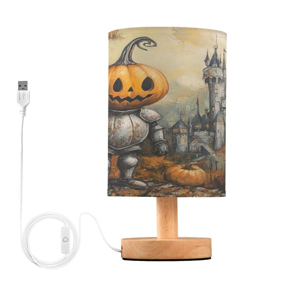 WOBOGO Cute Pumpkin Knight Bedroom Table Lamp USB Power Connector Wooden Base Round Linen Shade For Living Room Desk