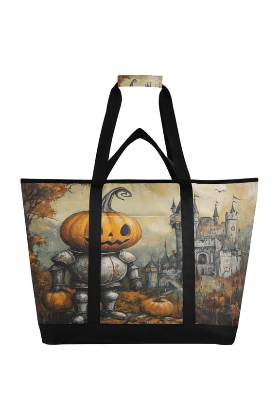 Cute Pumpkin Knight Tote Cooler Bag Fold Flat Insulated Shopping Bag With Zipper For Work Picnic Beach Use 186.724in