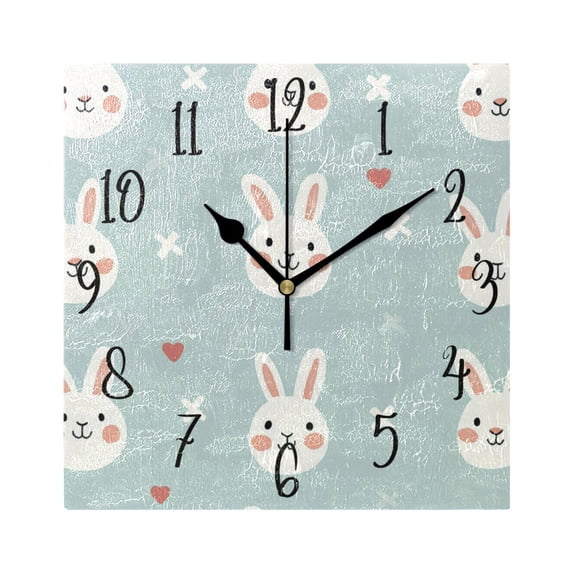 WOBOGO Cute Rabbit Face Pattern Wall Clock 7.78 Inch Battery Operated Silent Unit Square Rustic Vintage Style for Home Bedroom Office Black Pointer