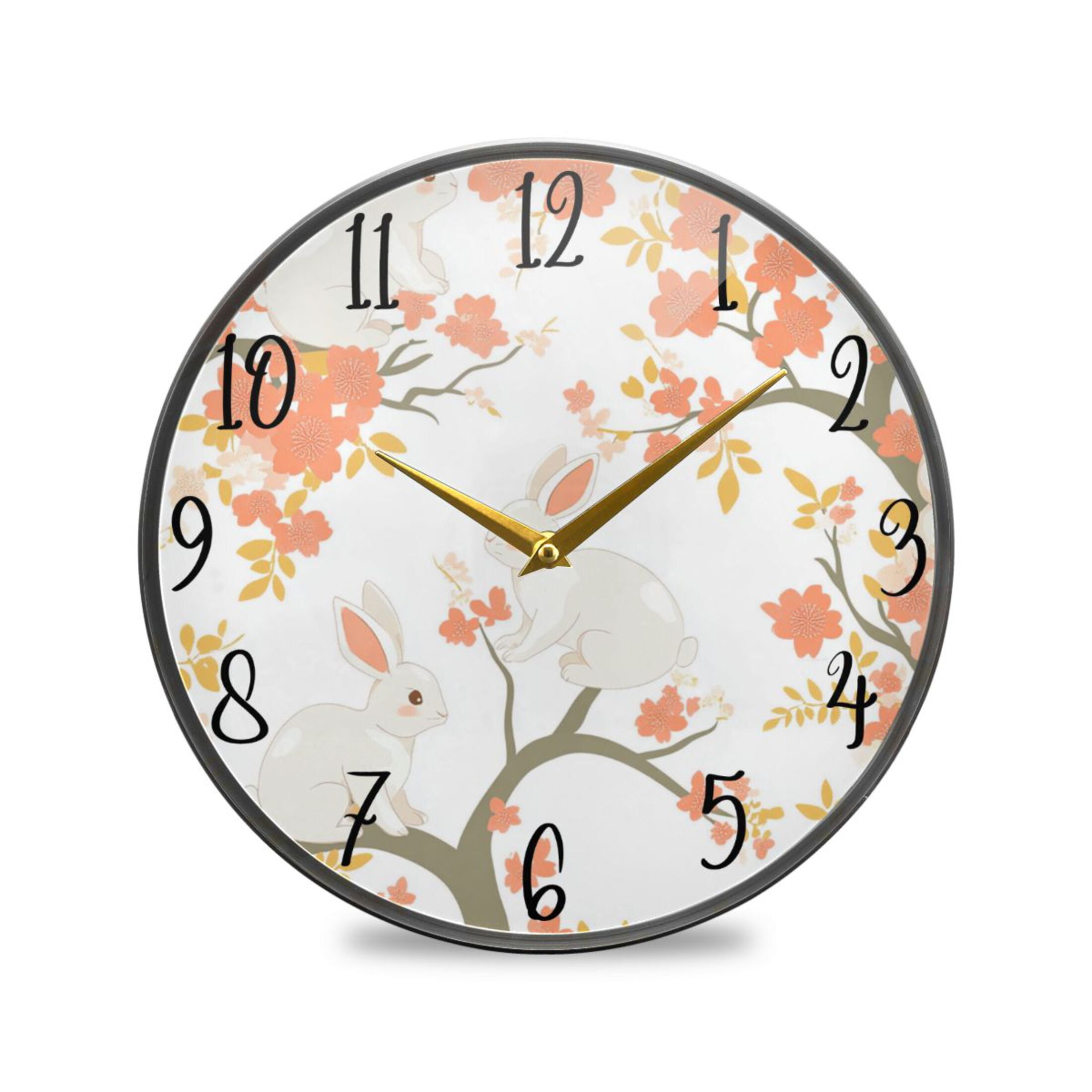Red Rabbit Clock WOBOGO Cute Rabbits on Orange Flowers Acrylic Wall Clock Battery ...