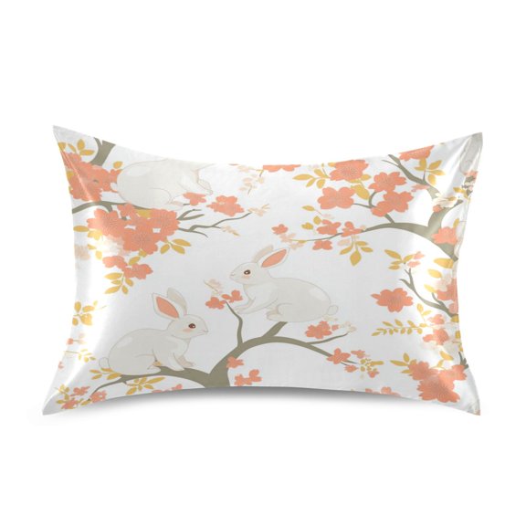 WOBOGO Cute Rabbits on Orange Flowers Satin Pillowcase Soft Smooth Envelope Design Comfortable Bedding Essentials 20×26in