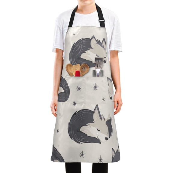 WOBOGO Cute Sleeping Wolf Long Apron Waterdrop Resistant with 2 Pockets Cooking Kitchen Chef Apron for Women Men