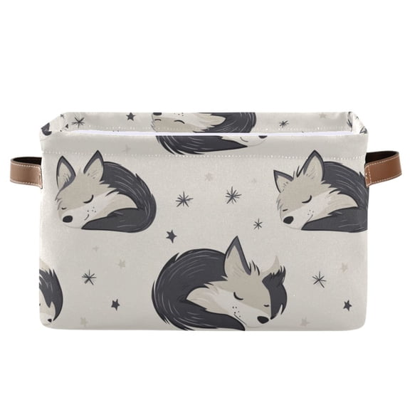 WOBOGO Cute Sleeping Wolf Square Storage Basket with Waterproof Canvas and PE Lining Durable PU Leather Handles 14.2×10.2×8.3in