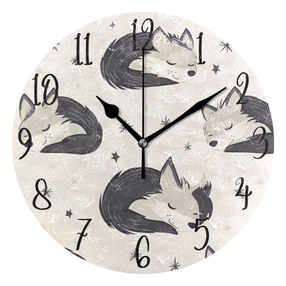 WOBOGO Cute Sleeping Wolf Wall Clock 10in Silent Mechanism Battery Operated Retro Style for Living Room Bedroom and Kitchen Black Pointer