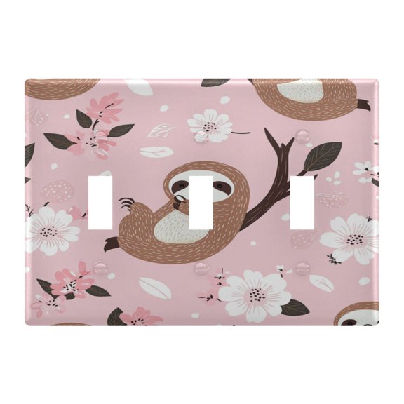 WOBOGO Cute Sloth Pattern with White Floral Accents 3-hole Switch Plates PC Flame Retardant Plastic Material Glossy Finish Smooth Touch 6.37x4.48x0.27in