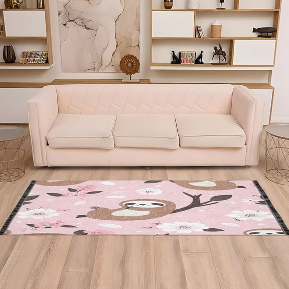 WOBOGO Cute Sloth Pattern with White Floral Accents Bedside long rug delicate and soft modern indoor area decor non slip carpet for bed room corridor entrance balcony